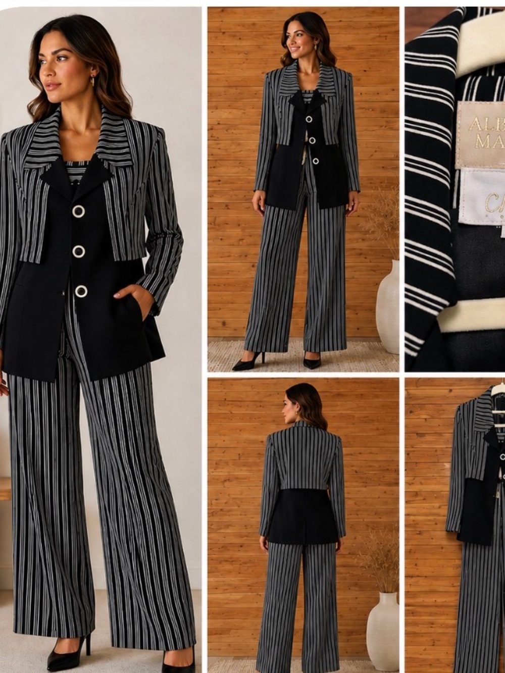 Alberto Makali Black and Gray Striped Wide-Leg Pantsuit